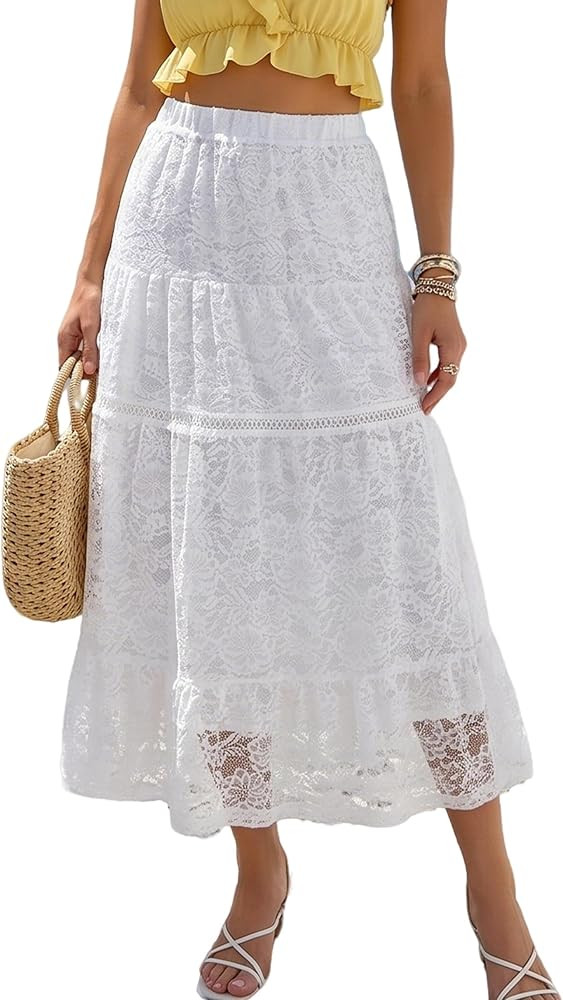 Ruffle Skirts for Women Tiered Eyelet Elastic Waist Flowy Vocation Skirts | Amazon (US)