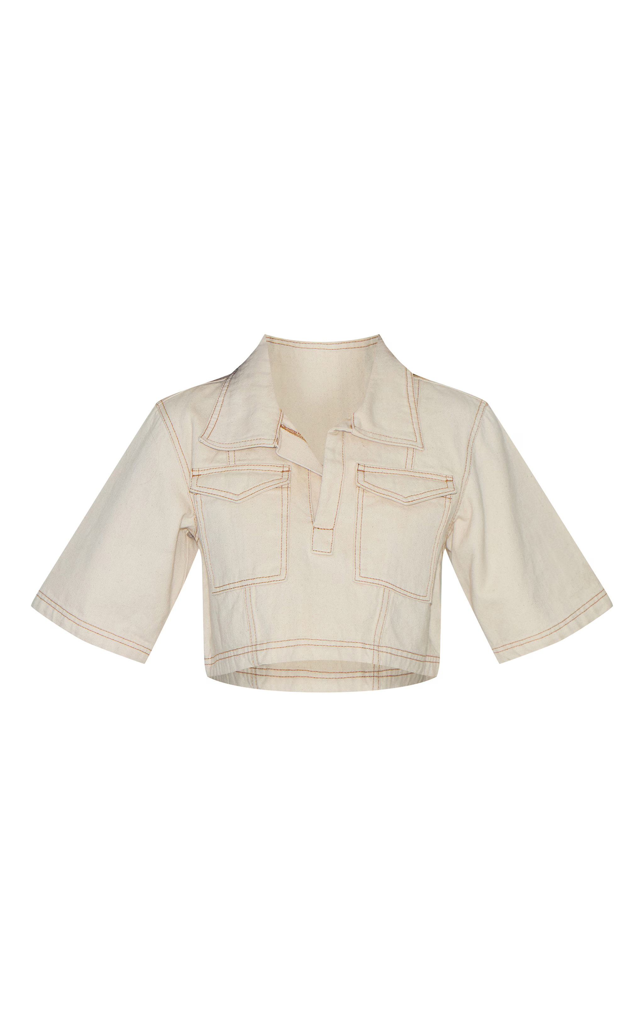 Ecru Contrast Stitched Cropped Denim Shirt | PrettyLittleThing US