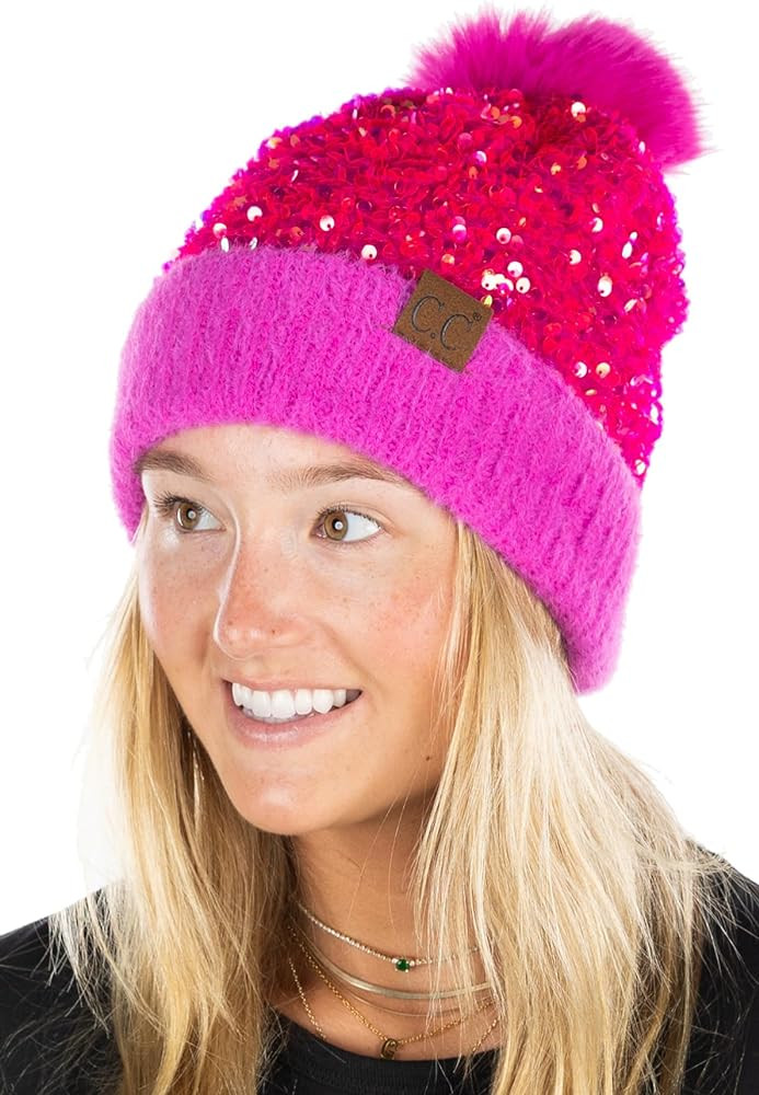 Funky Junque Winter Beanie for Women Sequin Faux Fur Chunky Knit Pom Pom Hat Skullcap Soft Warm F... | Amazon (US)