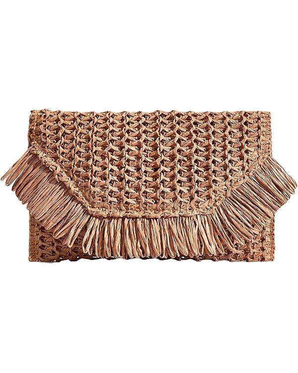 Floerns Women's Woven Straw Envelope Fringe Trim Rattan Beach Clutch Handbag | Amazon (US)