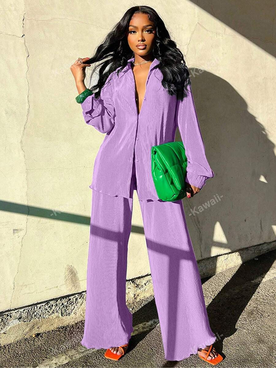 Fashionable Casual Pleated Shirt And Ruffle Palazzo Pants 2pcs Women's Outfit | SHEIN