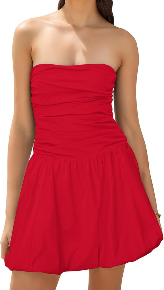 Womens Ruched Strapless Mini Dress Flare Slim Fit Back Smocked A Line Casual Flowy Short Tube Top... | Amazon (US)