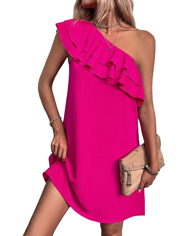 Floerns Women's One Shoulder Tiered Layered Sleeveless Ruffle Trim Tunic Dress | Amazon (US)