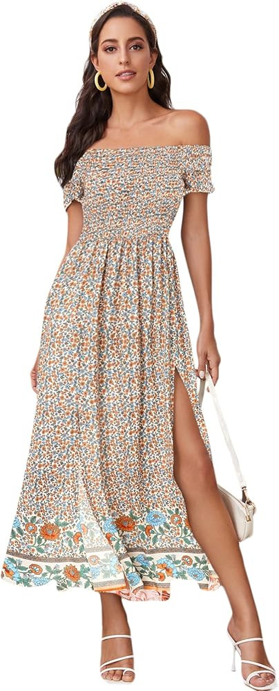 Floerns Women's Boho Floral Print Off Shoulder Split Long A Line Dress | Amazon (US)