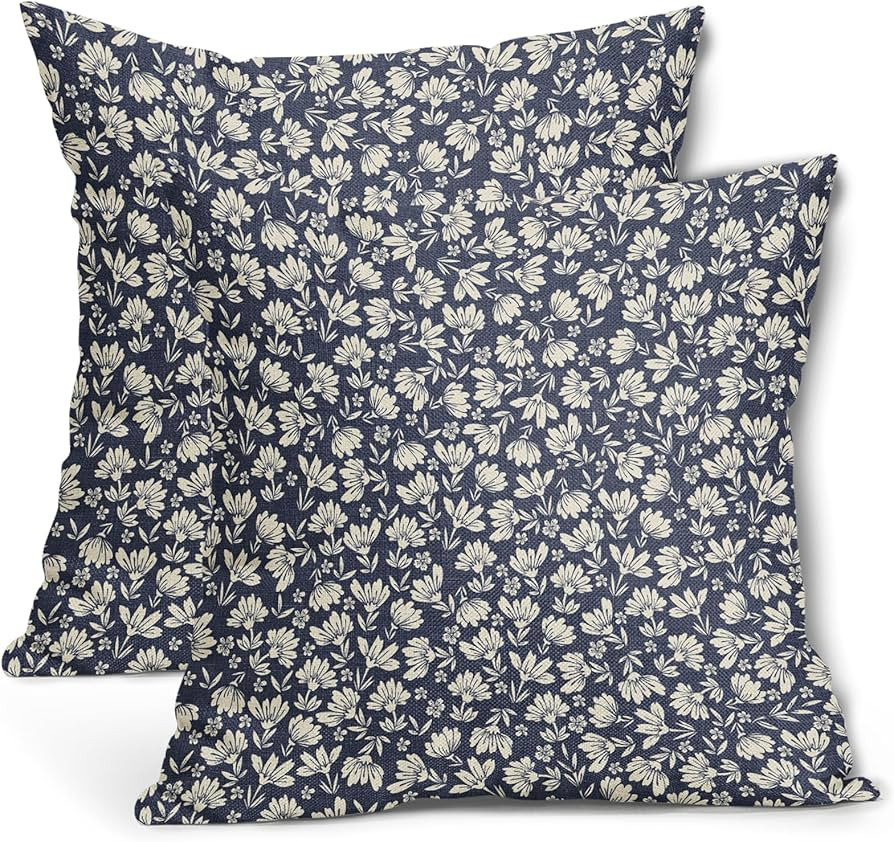 Navy Blue Beige Daisy Floral Pillow Covers 18X18 Inch Vintage Flowers Decorative Pillow Cases Set... | Amazon (US)