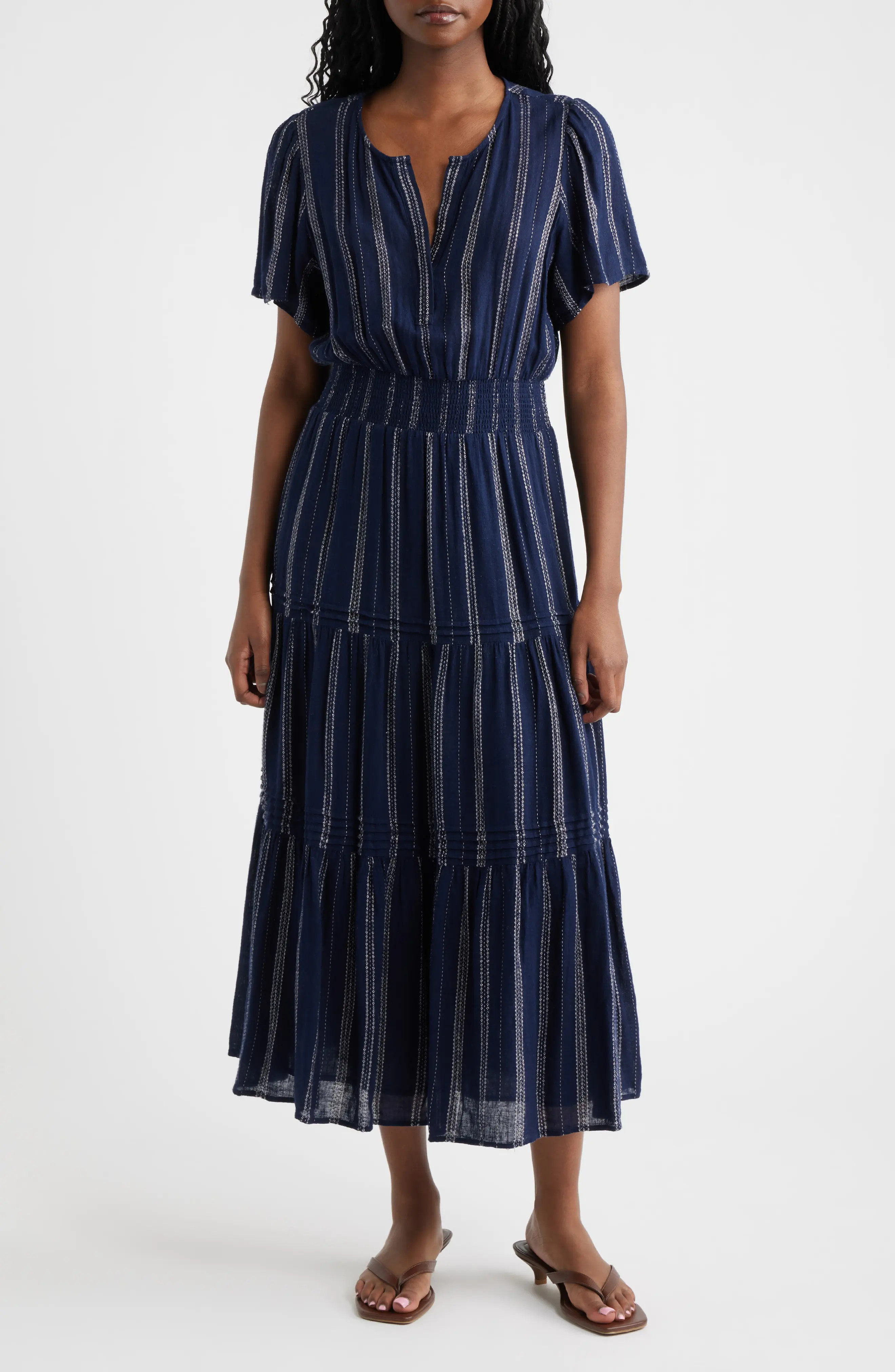 Rails Cannes Stripe Tiered Linen Blend Dress in Marina Stripe at Nordstrom, Size X-Small | Nordstrom