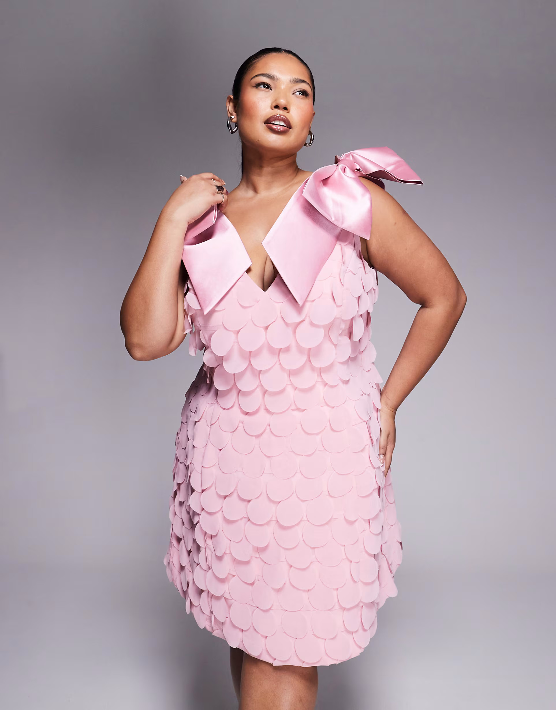 ASOS LUXE Curve bow shoulder disc mini dress in light pink | ASOS (Global)