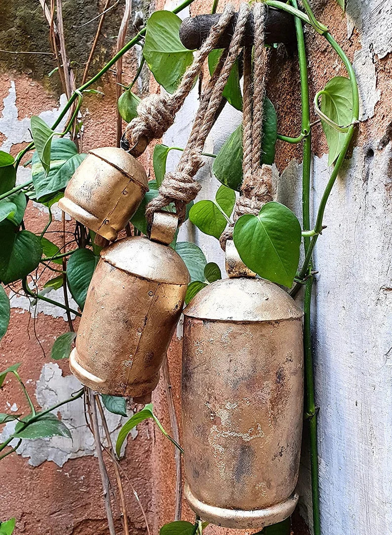 Recycled Handmade Iron Tin Cow Set of 3 Bells Size 4" 6.5" and 10" Antique Gold Finish Wooden Cla... | Etsy (US)