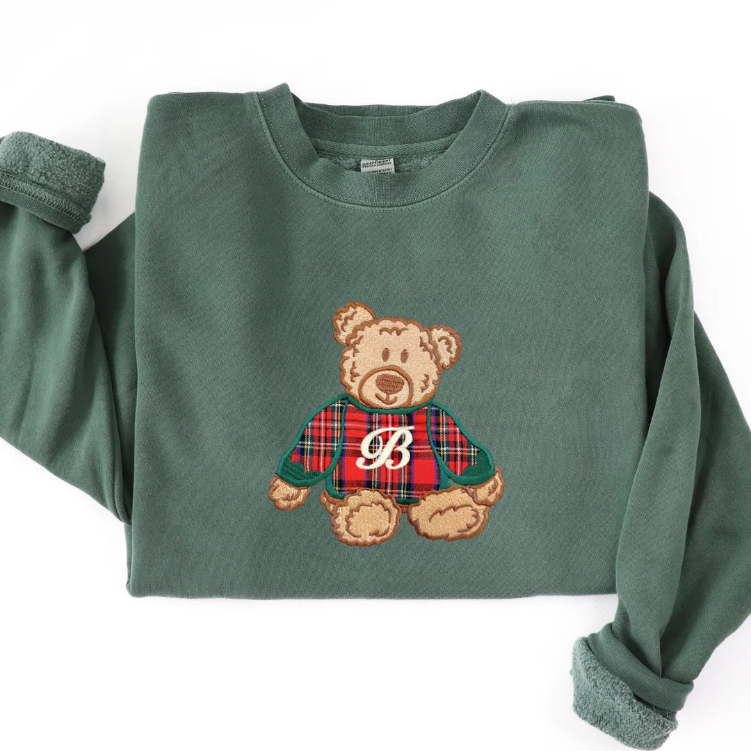 Initialed ‘Classic Christmas Teddy’ Plaid Embroidery Cozy Crew | United Monograms