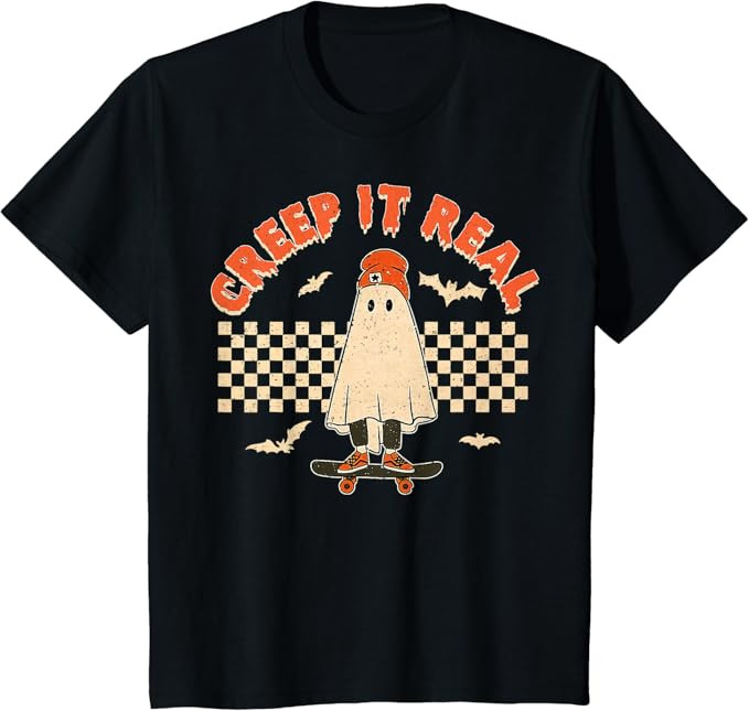 Creep It Real Skateboarding Ghost Retro Halloween Costume T-Shirt | Amazon (US)