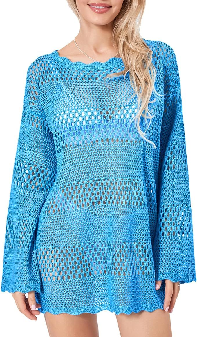 Fabumily Women Crochet Knit Mini Dress Long Sleeve Colorful Mesh Cover Ups Casual Sweater Dress 2... | Amazon (US)