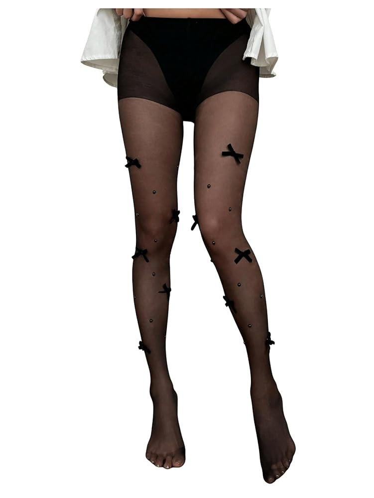 SHENHE Women's Sheer Bows Tights Beaded High Waist Ultra Thin Pantyhose Stockings | Amazon (US)
