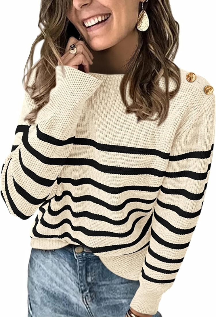KIRUNDO Women's Striped Sweaters 2024 Fall Winter Outfits Crewneck Ribbed Knit Pullover Trendy To... | Amazon (US)