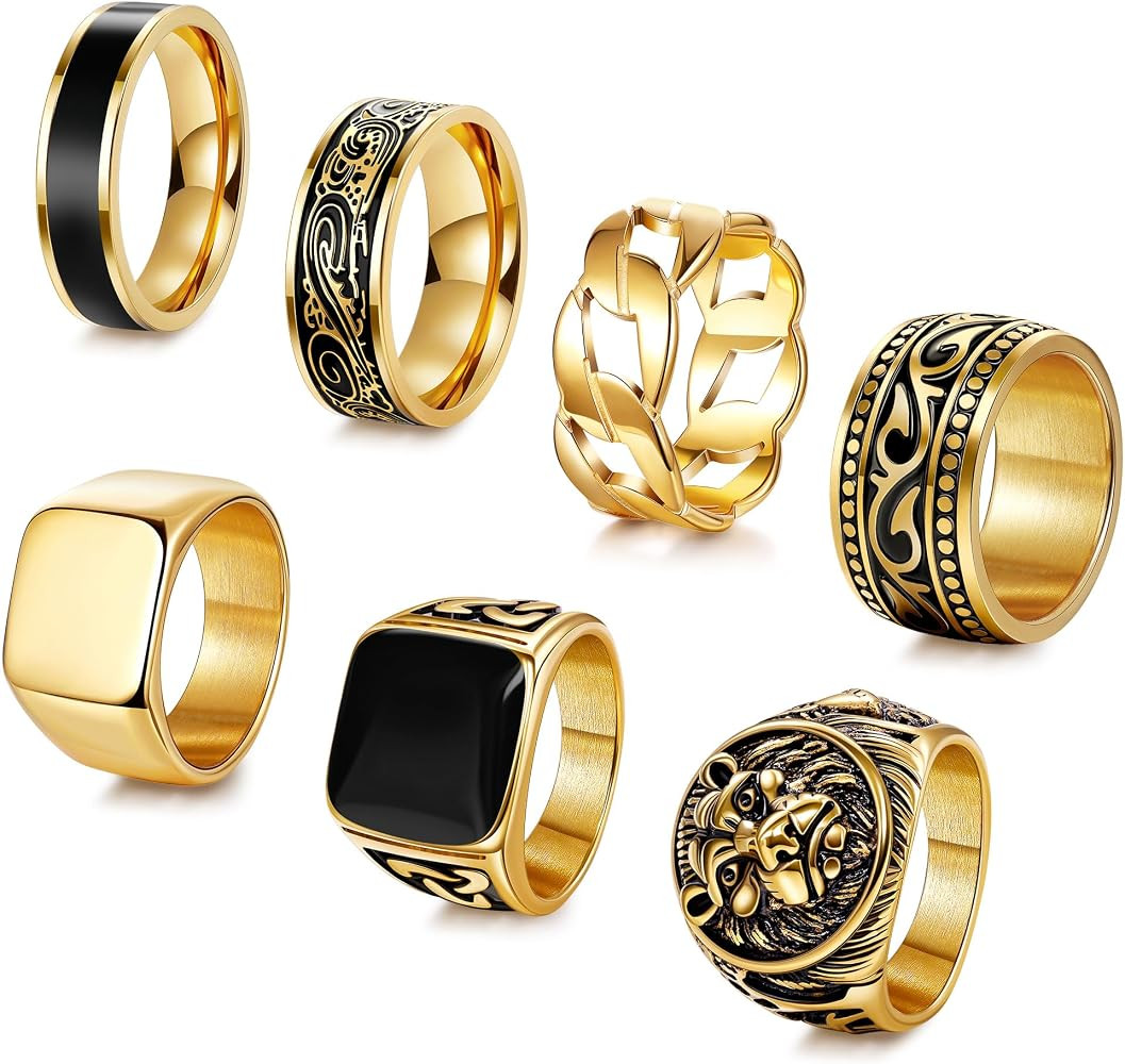 7Pcs Stainless Steel Vintage Signet Rings for Men Square Signet Rings Cuban Link Chain Ring Pinky... | Amazon (US)