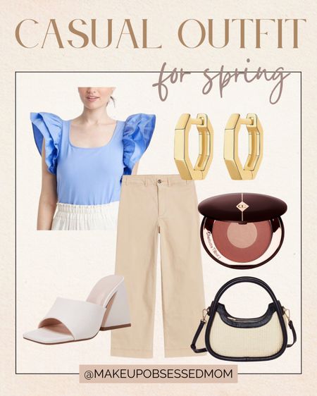 Cute blue ruffle-sleeved top, beige pants, and white sandals for a casual outfit this Spring.

#springtop #summerstyle #petitefashion #outfitidea

#LTKstyletip #LTKunder50 #LTKFind