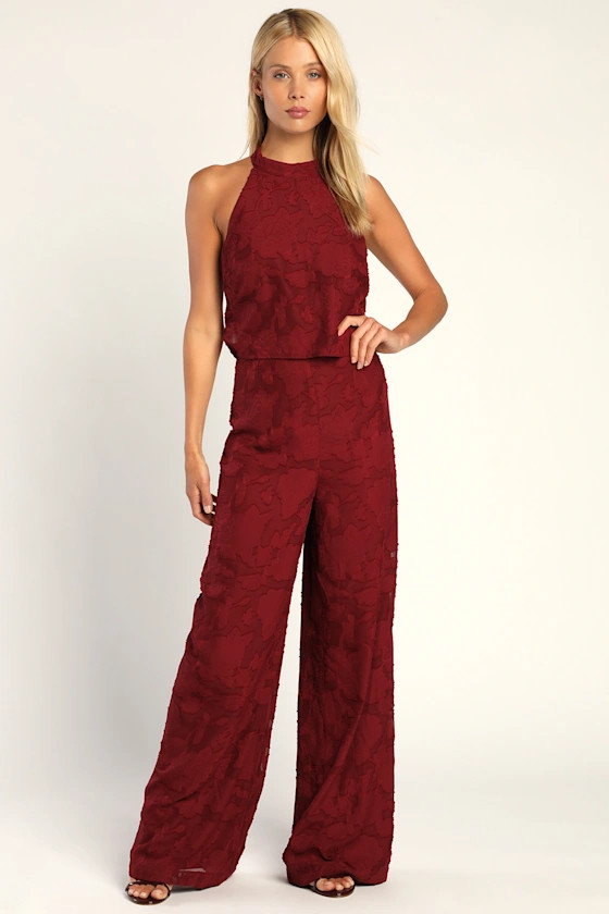 Lovely for Today Burgundy Floral Burnout Mock Neck Jumpsuit | Lulus (US)