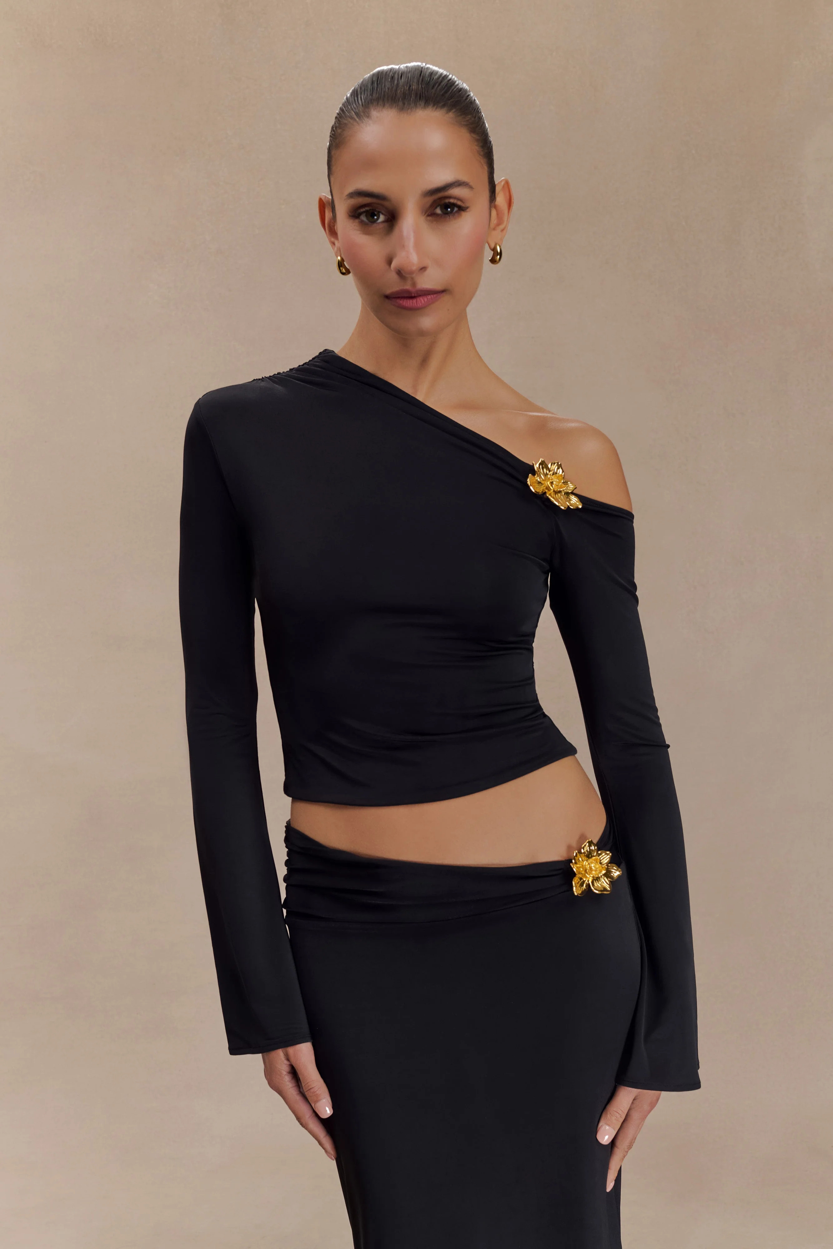 Ainsley Asymmetrical Long Sleeve Top With Floral Hardware - Black | MESHKI US