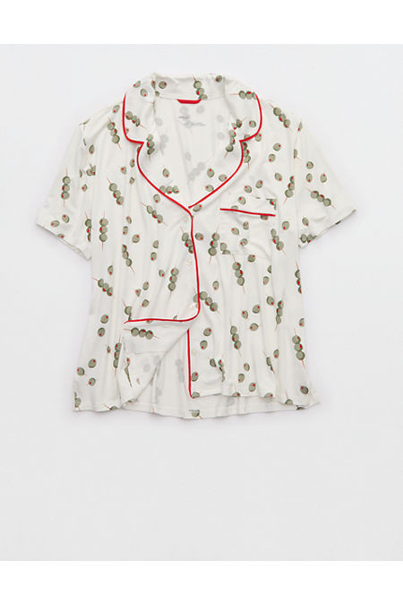 Aerie Real Soft Short Sleeve Pajama Shirt Women's Olive Fun S | Aerie