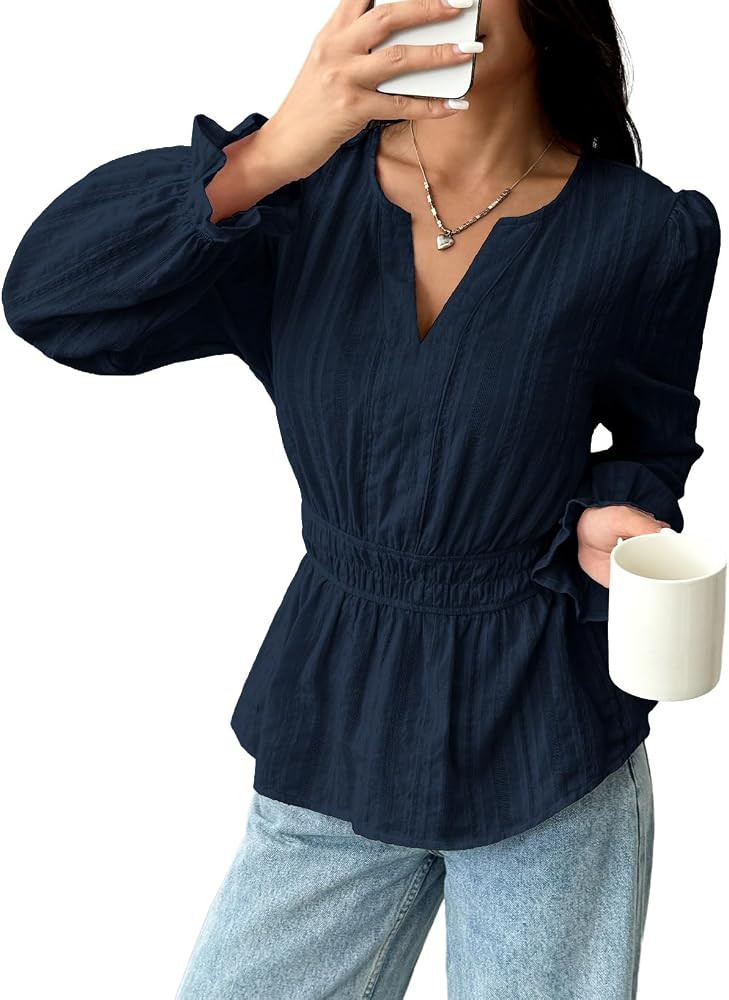 Pink Queen Women's Long Sleeve Peplum Blouse Solid Cotton Fit Top 2026 | Amazon (US)