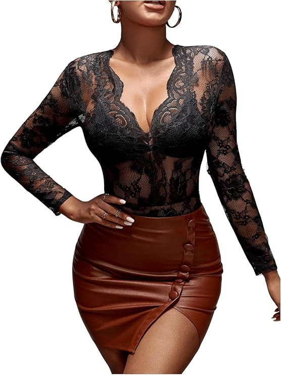 SOLY HUX Women's Floral Lace See Through Sexy Bodysuit Jumpsuit Deep V Neck Long Sleeve Tee T Shi... | Amazon (US)