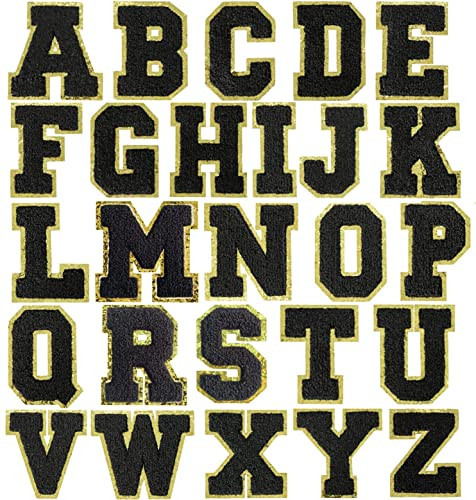 Zogify Iron on Letter Patches A-Z Gold Glitters & Black Chenille,Varsity Initial Patches,Adhesive Sticker Letter Patch for Team Costume Decoration 3.1in Height Repair Patches（Black A-Z） | Amazon (US)