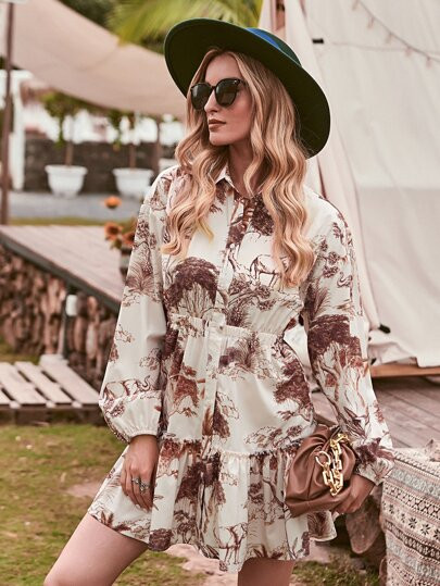 Landscape Print Ruffle Hem Shirt Smock Dress | SHEIN