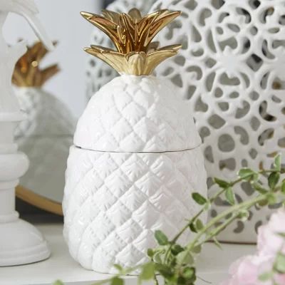 Gremillion White and Gold Ceramic Pineapple Jar | Wayfair North America