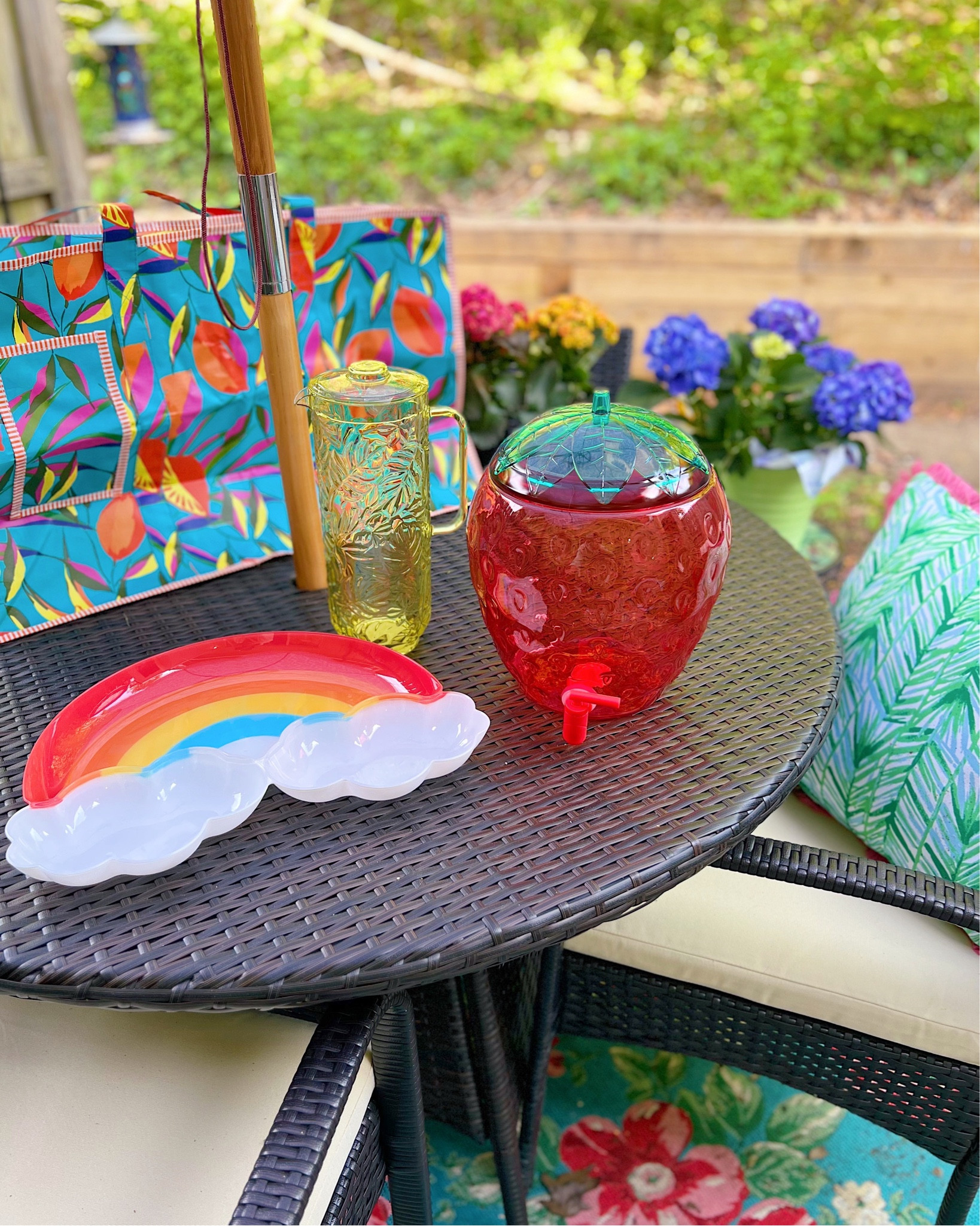 Affordable outdoor dining and entertaining supplies! 🍓🌈 Strawberry drink dispenser, rainbow tray, plastic pitcher, 4 seat outdoor dining set, large reusable shopping bag, party supplies, outdoor decor, outdoor entertaining, patio decor, patio furniture, summer decor, picnic supplies 

#LTKhome #LTKunder50 #LTKSeasonal