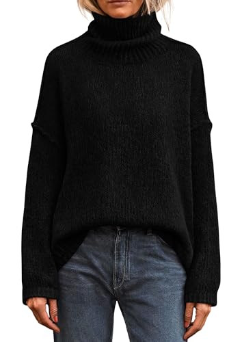 PRETTYGARDEN Womens Turtleneck Long Sleeve Sweater 2025 Fall Trendy Loose Fit Knit Tops Oversized Pullover Sweaters (Black,Large) | Amazon (US)
