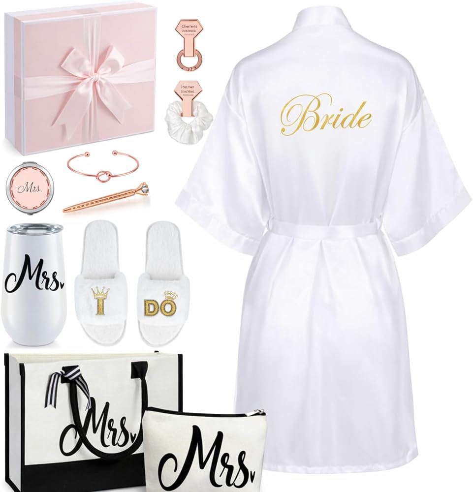 14 Pcs Bride Gifts Box Sets Include Short Satin Robes Canvas Tote Bag Stainless Steel Glasses Sli... | Amazon (US)