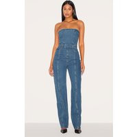 Tall Indigo Vintage Wash Bandeau Style Straight Leg Denim Jumpsuit | PrettyLittleThing US