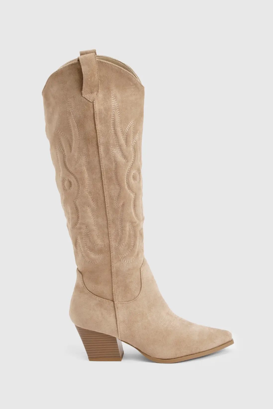 Taupe Faux Suede Knee High Embroidered Western Boots | Boohoo | Boohoo.com (UK & IE)