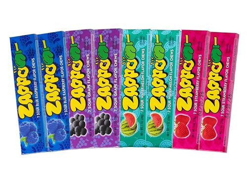 ZAPPO Sour Chews Mixed Pack, Gluten Free Candy, Individually Wrapped Taffy Sticks, 1 oz x 8 Sticks Total (2 Each: Watermelon, Blue Raspberry, Strawberry, Grape) | Amazon (US)