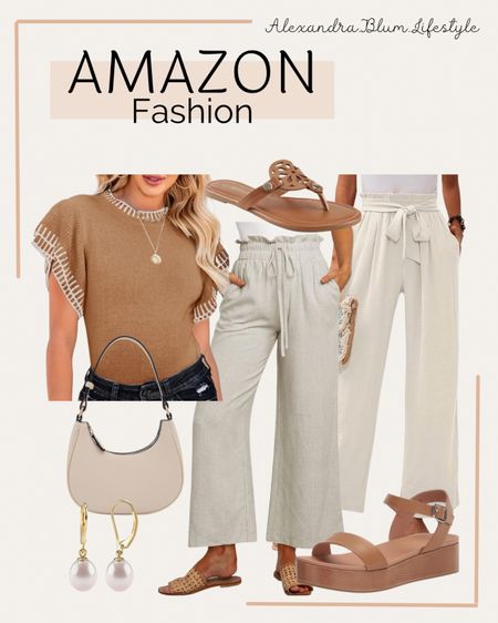 Cute summer and spring outfit ideas from Amazon! Linen wide leg cream color pants, brown sandals, brown ruffle sleeve tank top, ivory handbag purse, and gold pearl earrings! Amazon fashion! Amazon trends! Amazon finds! Work outfit! Business casual outfit! Travel outfit! Summer outfit! Spring outfit!

#LTKFindsUnder100 #LTKOver40 #LTKWorkwear