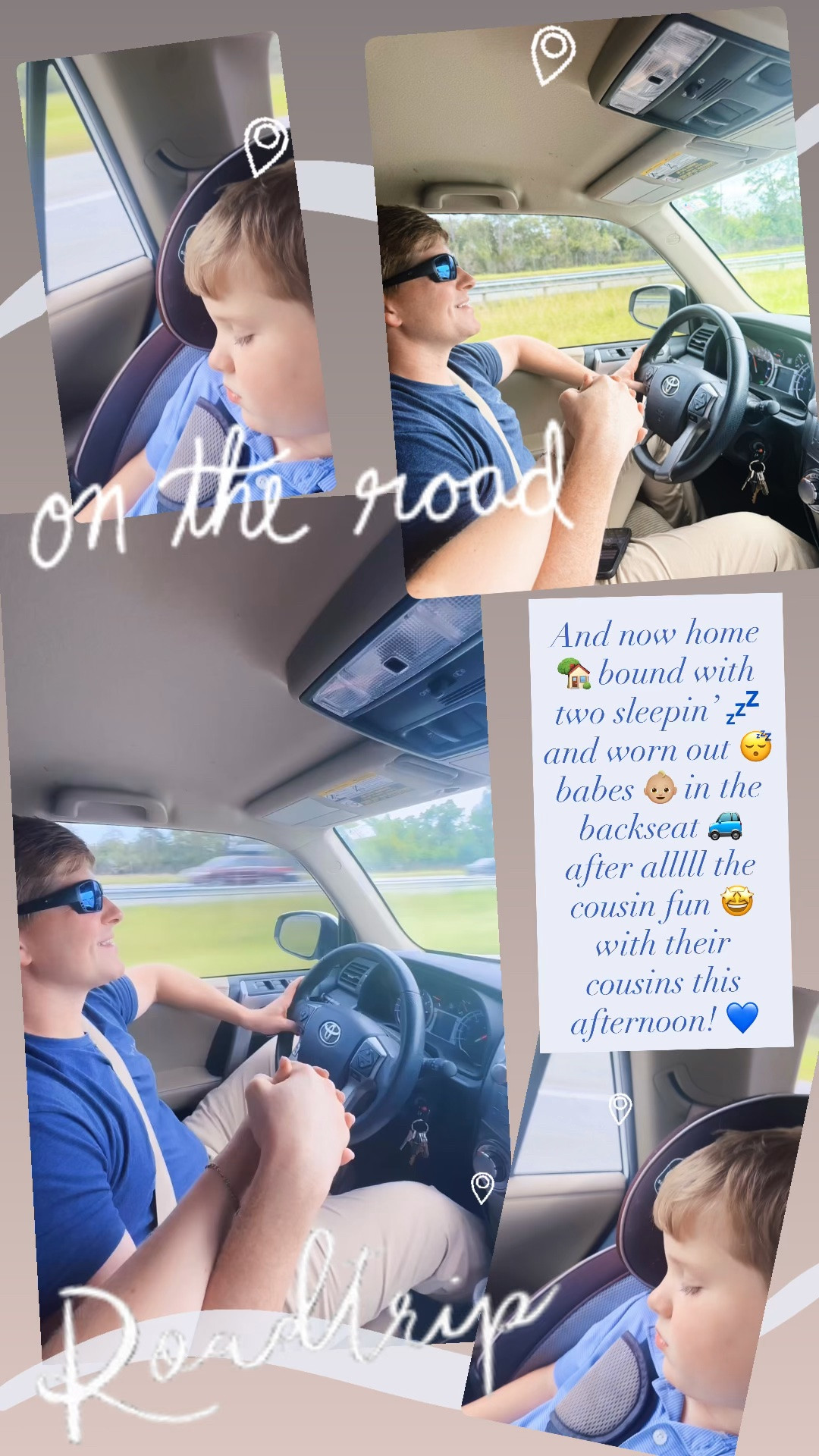 And now home 🏡 bound with two sleepin’ 💤 and worn out 😴 babes 👶🏼 in the backseat 🚙 after alllll the cousin fun 🤩 with their cousins this afternoon! 💙