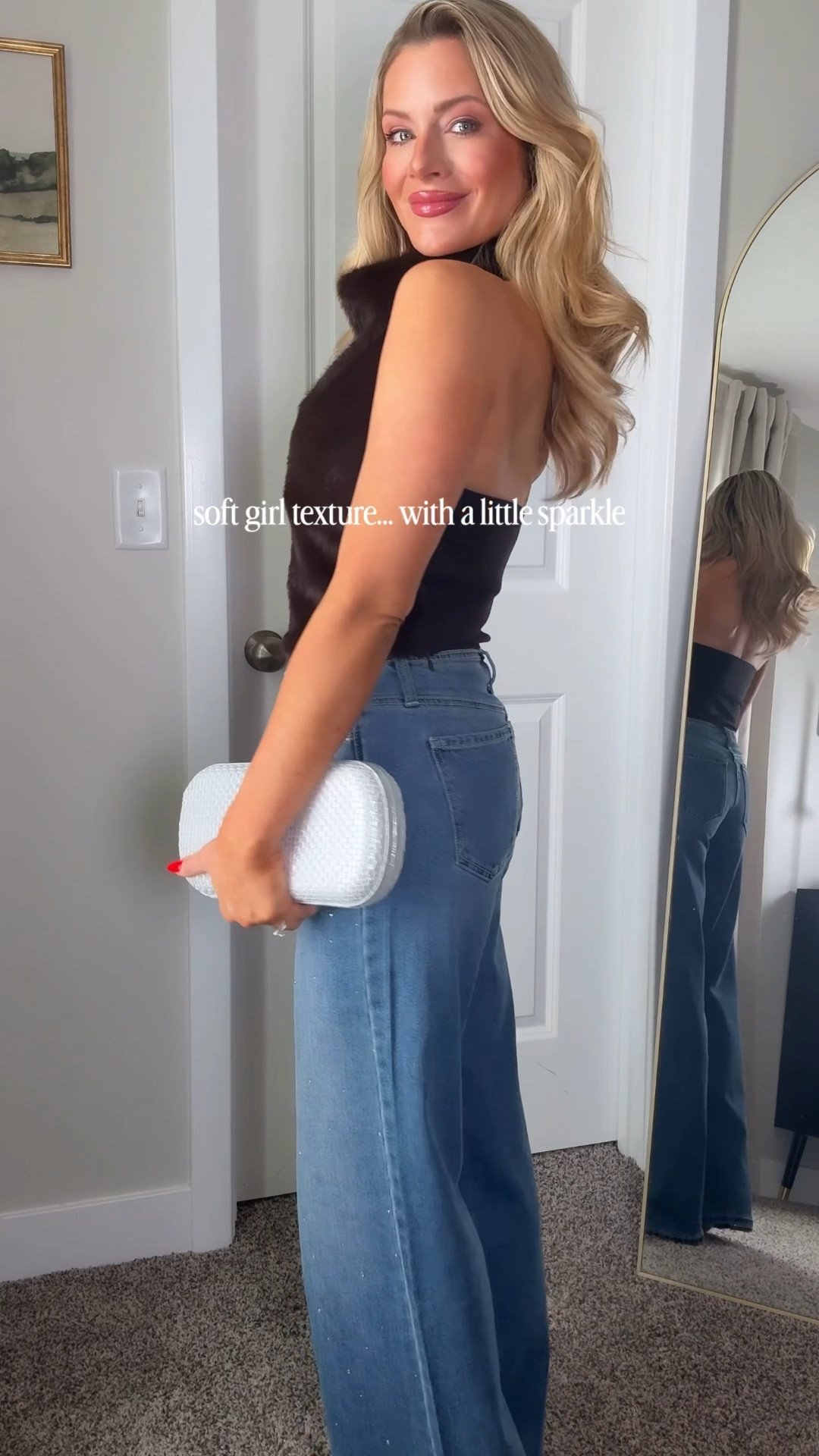 Soft texture, hard serve 🧸💫 Faux fur + embellished denim because neutral doesn’t mean boring.

#LTKootd #LTKHoliday #LTKSeasonal