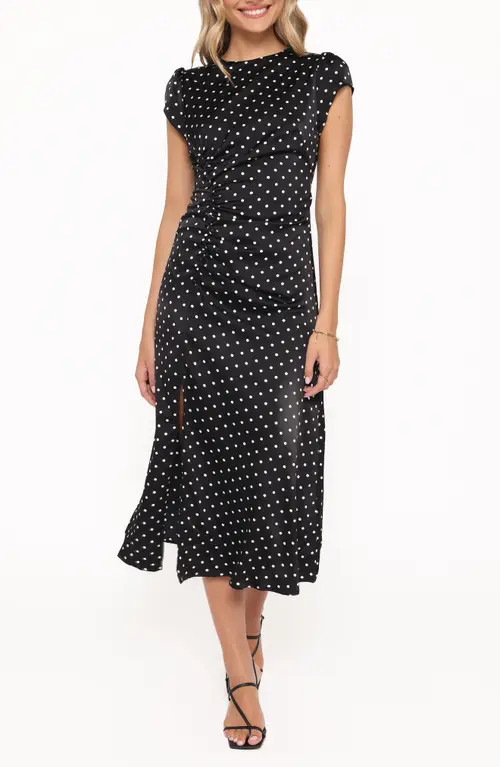 Petal & Pup Lisbeth Polka Dot Cap Sleeve Satin Midi Dress in Black Polka Dot at Nordstrom, Size Xx-Small | Nordstrom