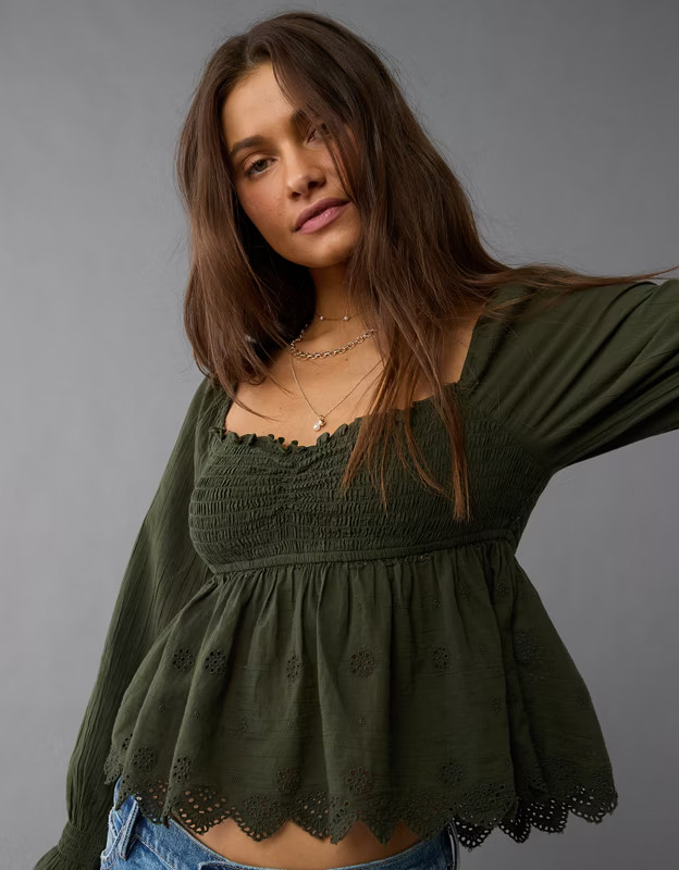 AE Long-Sleeve Smocked Babydoll Blouse | American Eagle Outfitters (US & CA)