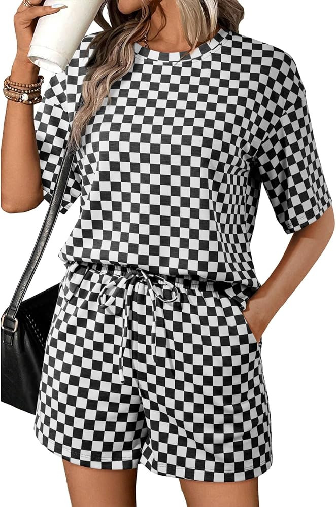 SHEWIN Women's Plaid 2 Piece Short Sets 2026 Lounge Beach Travel Vacation Outfits Matching Shorts... | Amazon (US)