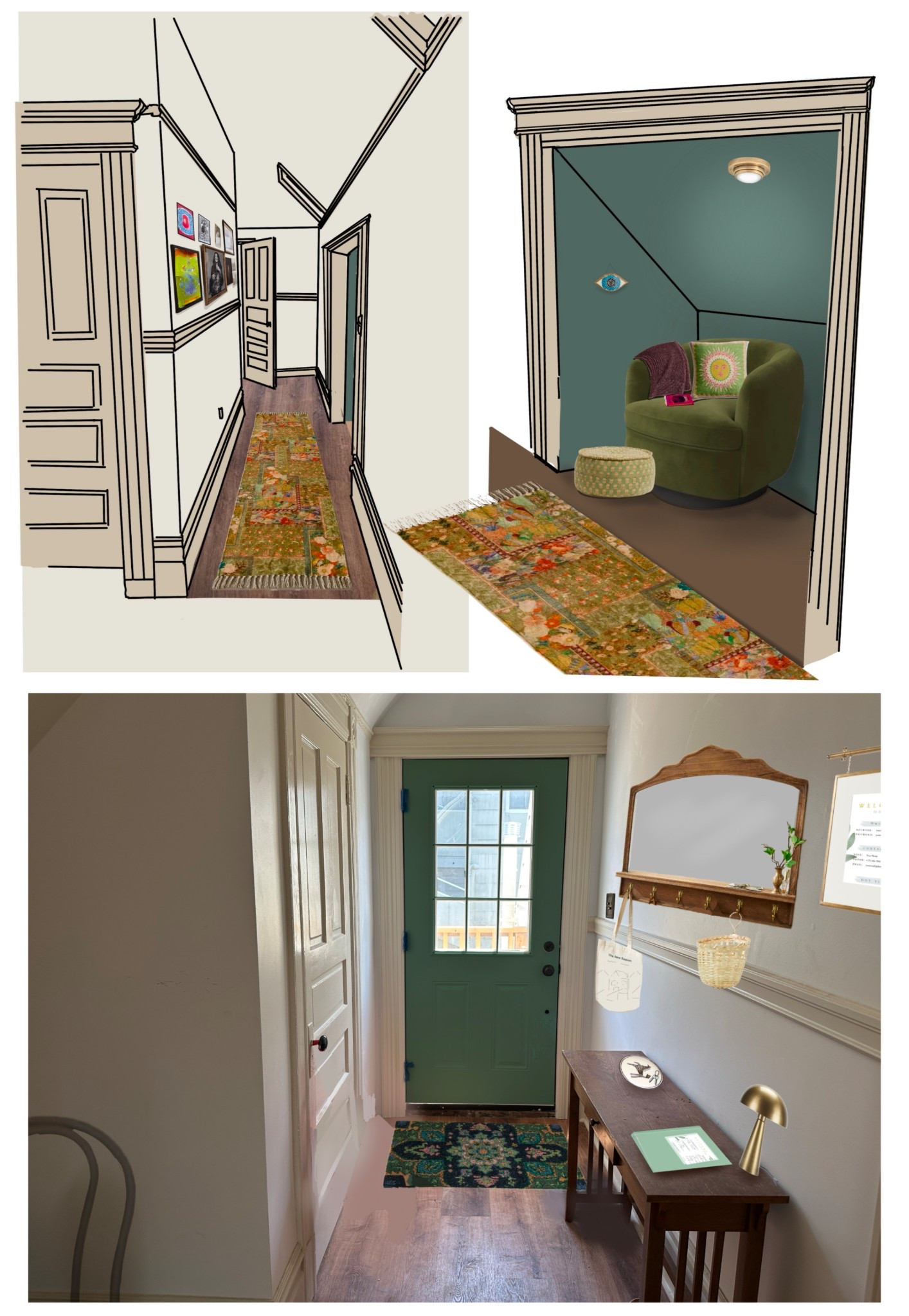 Bed & Breakfast entryway and hallway for a vibrant Victorian getaway. Clients want a unique, eclectic and colorful vibe in this historic guest home. 

Upon entry, guests are greeted with a colorful doormat, hooks to hang their bag, and a bowl for keys. A welcome sign and a binder with more information helps them settle in. 
Down the hall, the charming reading nook might be everyone’s favorite place to chill. Comfy swivel chair, tarot sun pillow, a warm knit blanket, and a foot stool ottoman. The hallway has a multicolored rug and playful art that represents the area. 