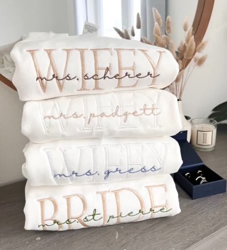 Personalized Embroidered Wife Sweatshirt by SoulmadeDesignsLA

 Custom last name Sweatshirt | Bridal Sweatshirt | Engagement
Sweatshirt Bride I White wifey sweatshirt | engagement gift | gift for bride | bridal shower | bachelorette 


#LTKwedding #LTKstyletip

#LTKGiftGuide