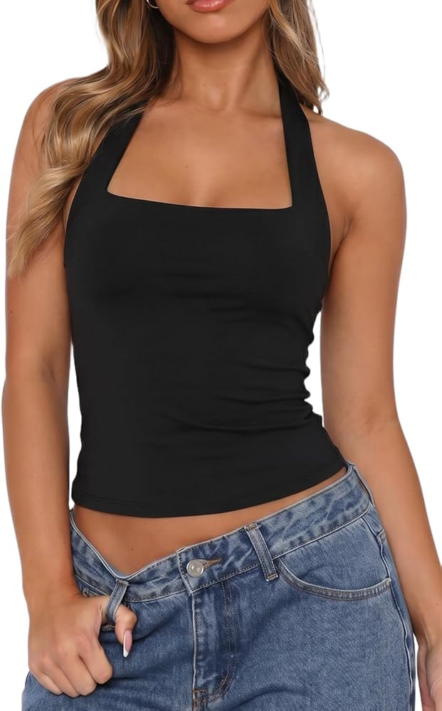 QINSEN Women's Backless Halter Tank Top Button Closure Square Neck Double Line Casual Daily Top G... | Amazon (US)