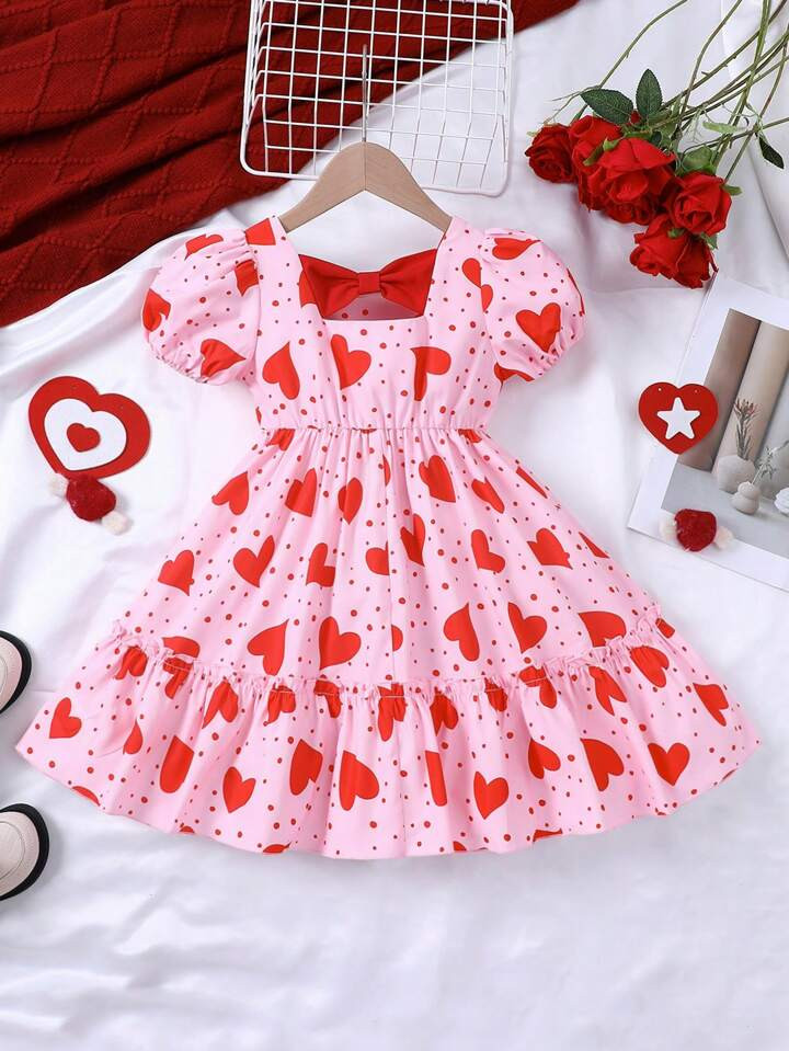 SHEIN Young Girl Heart & Polka Dot Printed Dress With Bow Knot Decoration On Back And Puff Sleeve... | SHEIN