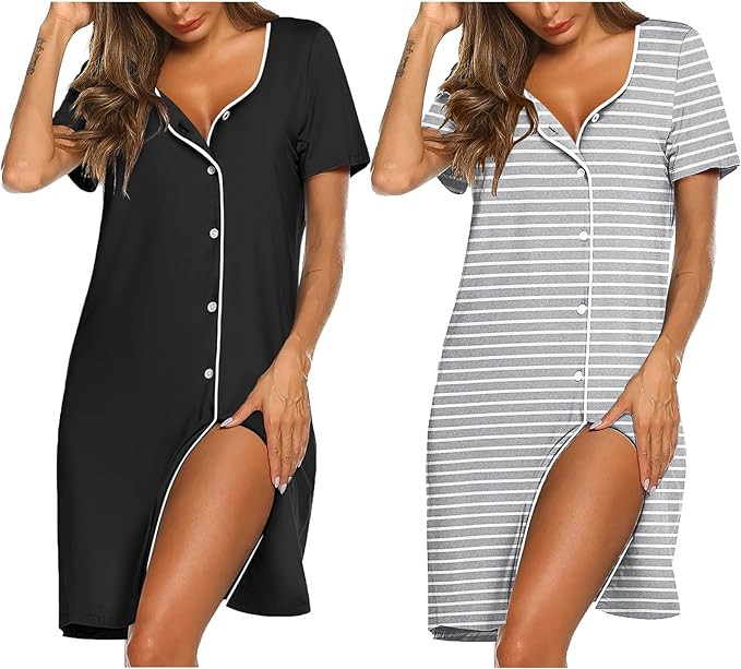 Ekouaer Nightgowns for Women 2 Pack Button Down Sleepshirt Short Sleeve Nightshirt Soft Sleepwear... | Amazon (US)