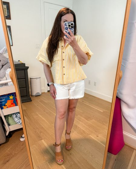 Summer outfit / white denim shorts / high waisted jean shorts / orange striped top / statement sleeve shirt / vacation outfit  

#LTKOver40 #LTKSeasonal #LTKStyleTip