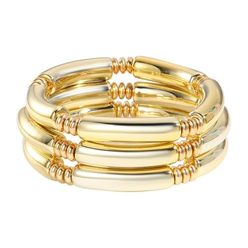 RINTOLER Chunky Gold Bangles Bracelets for Women - 14k Gold Plated Stack Layered Curved Bamboo Tube Stretch Bracelets Gift Jewelry (3Pcs-Gold Bangles) | Amazon (US)