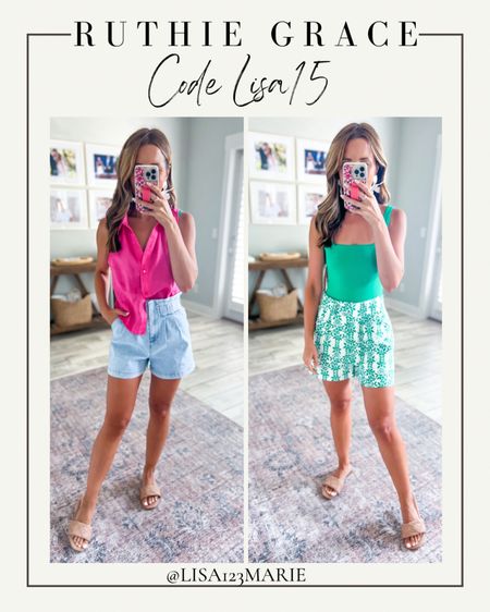 Summer outfits. Denim paper bag shorts. Pink linen shirt. Greene Bodysuit. Casual outfits. Casual style. Mom Outfits. Mom style. Code Lisa15 works at checkout! @shopruthiegrace #shopruthiegrace #ad

*Wearing smallest size in each. 

#LTKunder50 #LTKFind #LTKunder100