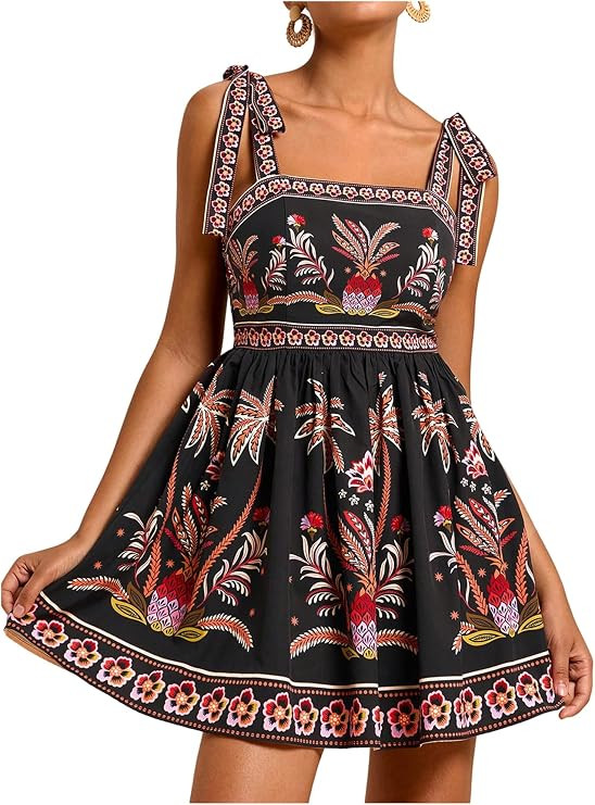 OYOANGLE Women's Boho Dress Floral Tropical Vacation Dress Sleeveless Tie Shoulder Summer Flowy M... | Amazon (US)
