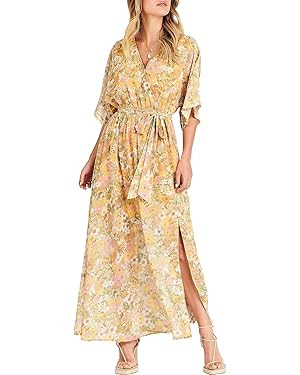 ANRABESS Women’s Summer Loose Kimono Maxi Dress Wrap V Neck 3/4 Sleeve Floral Print Slit Long D... | Amazon (US)