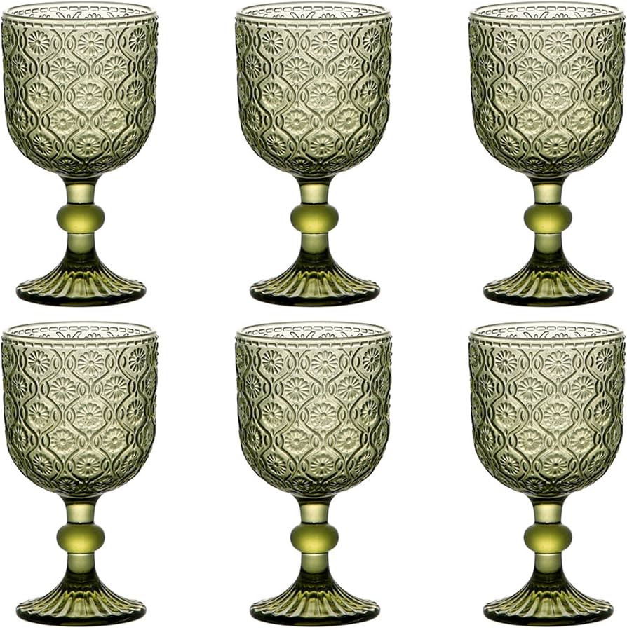 Green Glasses Drinking Wine Water Goblets Glassware set of 6 Vintage Stemware 12 Ounces for Weddi... | Amazon (US)